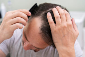 A photo of a man combing his hair demonstrating how to stop hair fall